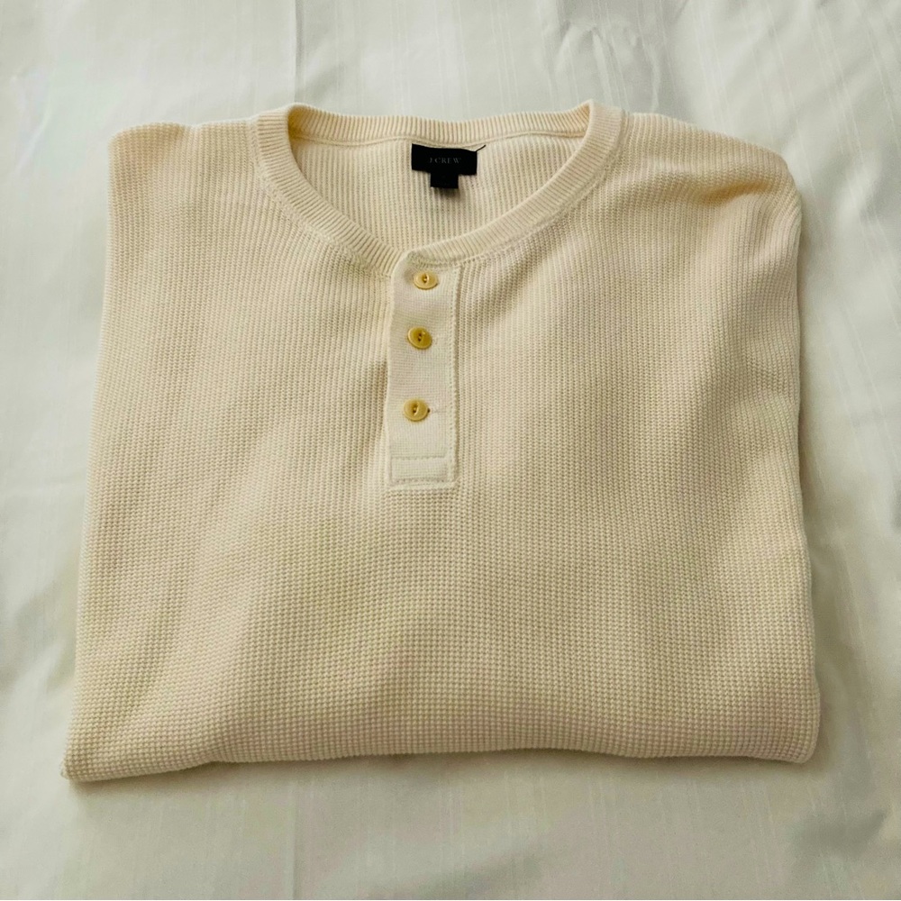 J Crew Waffle Henley Shirt 3 Button Placket Long Sleeve Size L